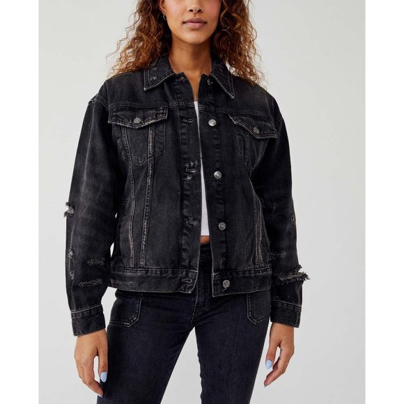 Free People Black Ripped Jean Jacket - Picture 1 of 10